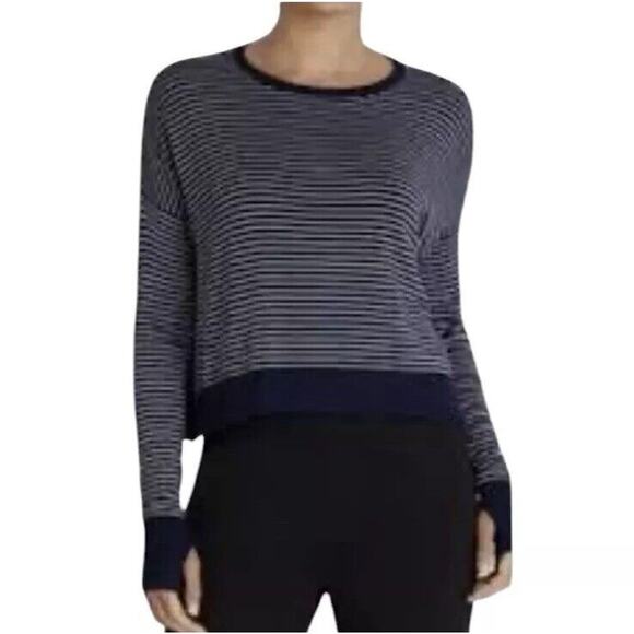 Eileen Fisher Sweater Blue Striped Thumb Hole Medium Soft Knit Cropped Boxy - Picture 1 of 8